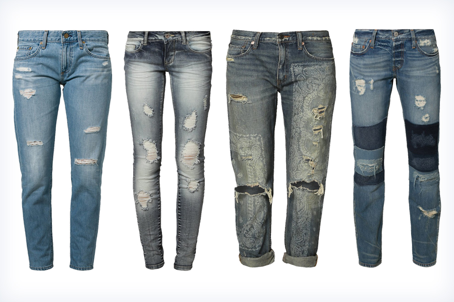 Cztery pary młodzieżowych jeansów z dziurami
