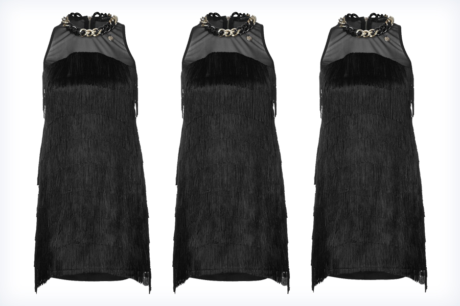 Trzy czarne sukienki z frędzlami